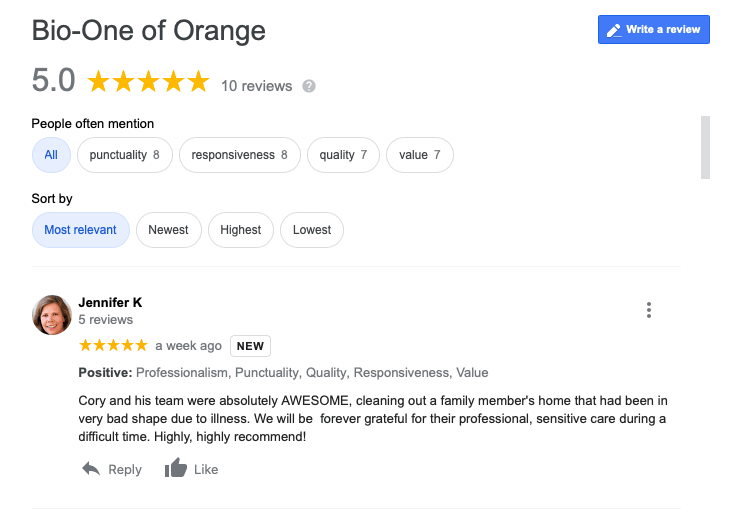 Bio-One of Orange - Customer Five Star Review! 