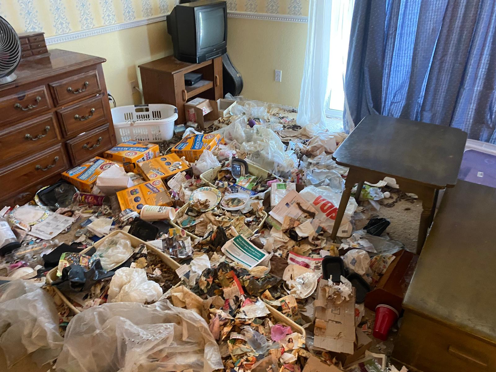 Image shows a living room area where the floor is covered with filth, food waste and trash. It's almost impossible to walk among the junk.
