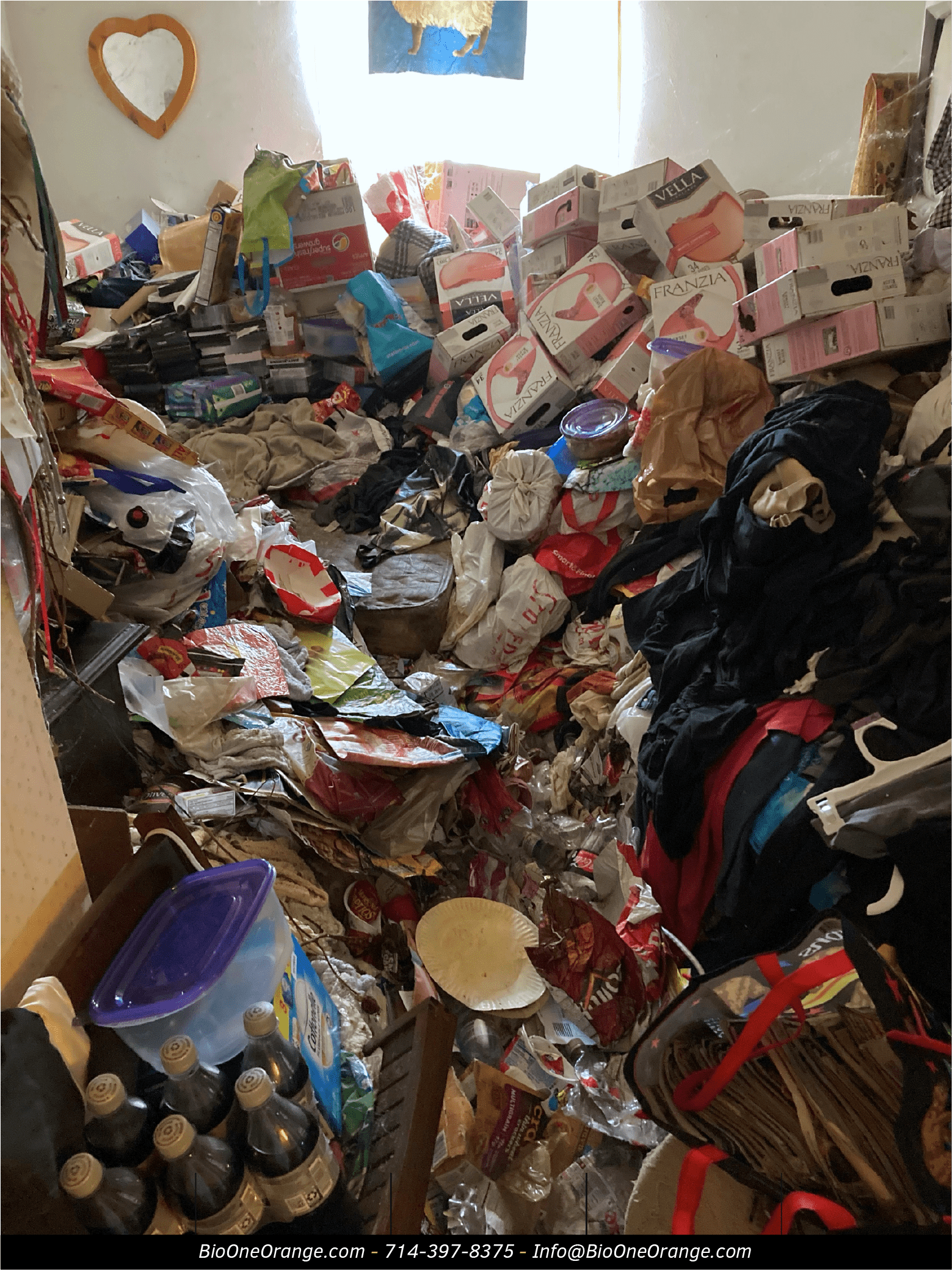Image shows living room space with piles of waste and debris.