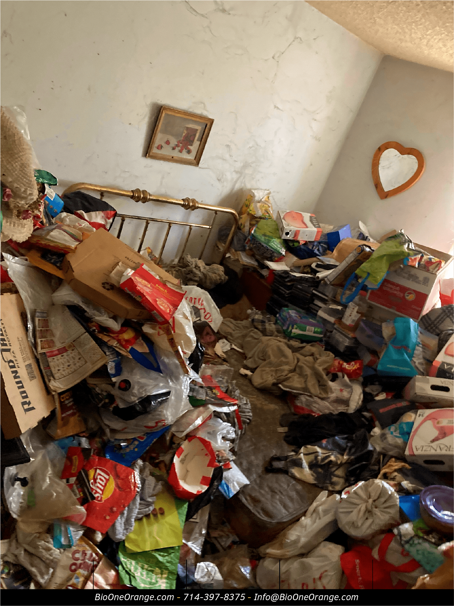Image shows a bedroom with piles of clutter and debris where mice and rats usually hide.