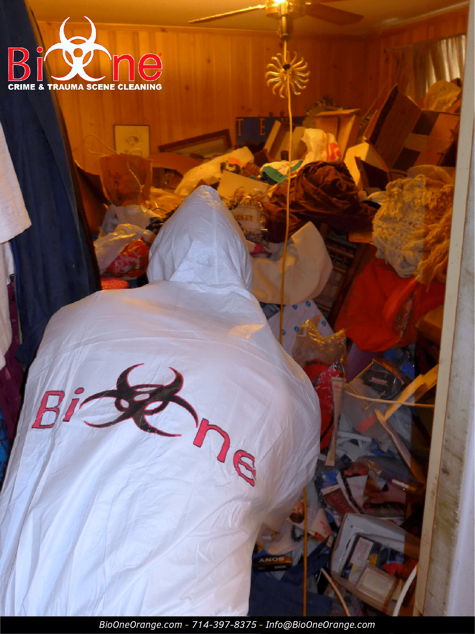 Image shows Bio-One technician entering a cluttered house.