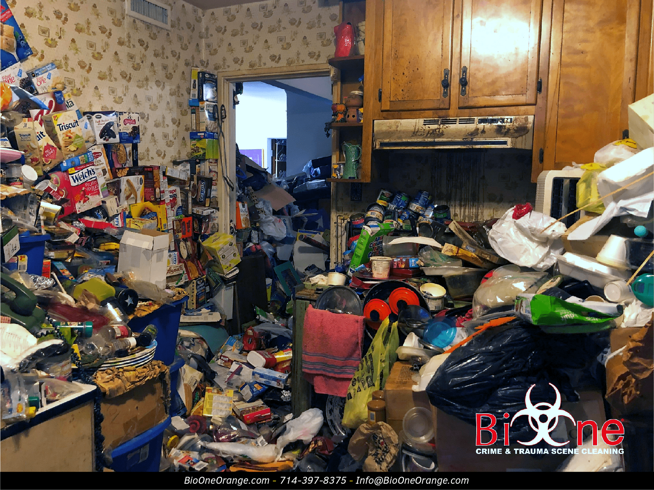 Image shows a severely cluttered kitchen with piles of debris and waste.